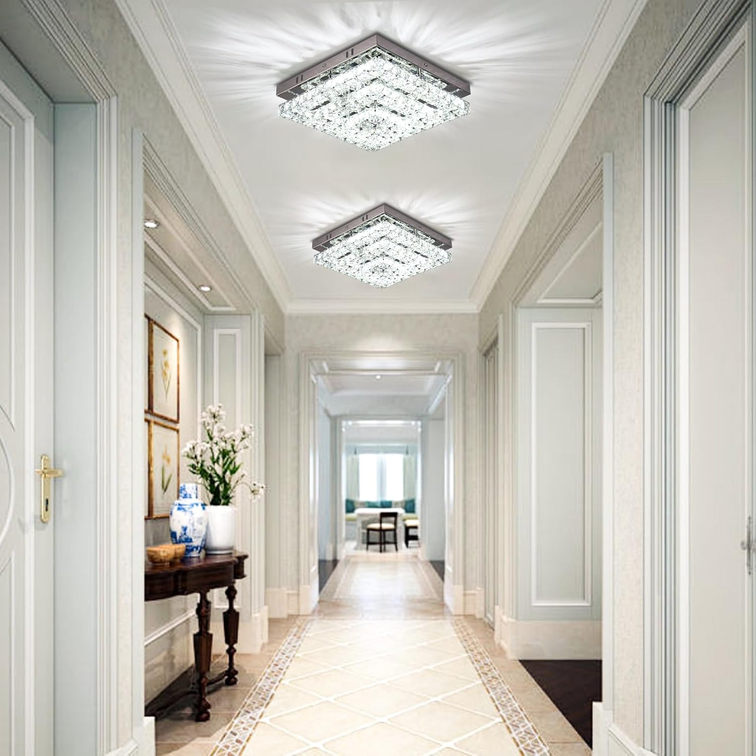 11.8" Crystal Chandelier LED Crystal Flush Mount Ceiling Light Modern Chandeliers Square Ceiling Light for Bedrooms Hallway Kitchen Office (6500K Cool White) Without Remote Control