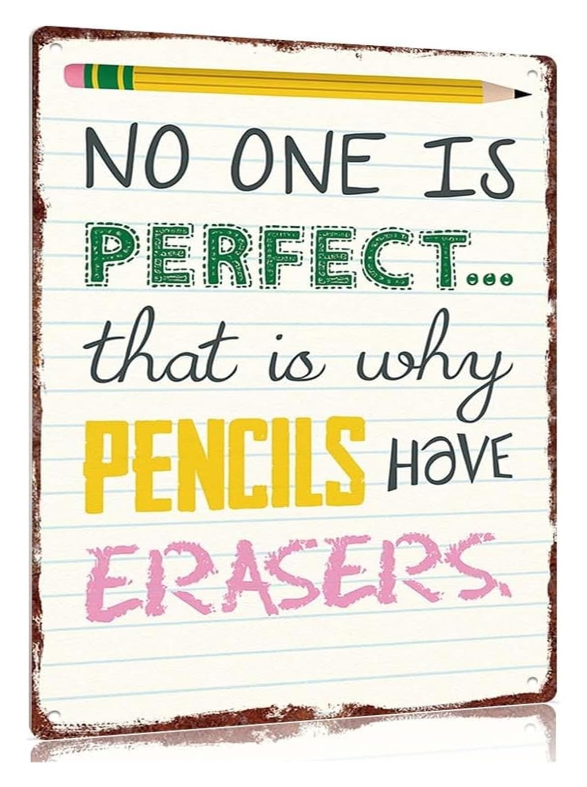 VWWJCCRO Distressed Metal Sign Pencils And Erasers Artwork Library Reading Nook Educational Decor 8 X 12 inch
