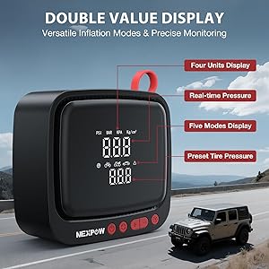 NEXPOW Tire Inflator Portable Air Compressor 150PSI 12V DC Air Pump with Dual Digital Pressure Gauge & Auto Shut-Off, Air Compressor Portable with LED Light for Car, Motorcycle, Bicycle, Ball and More