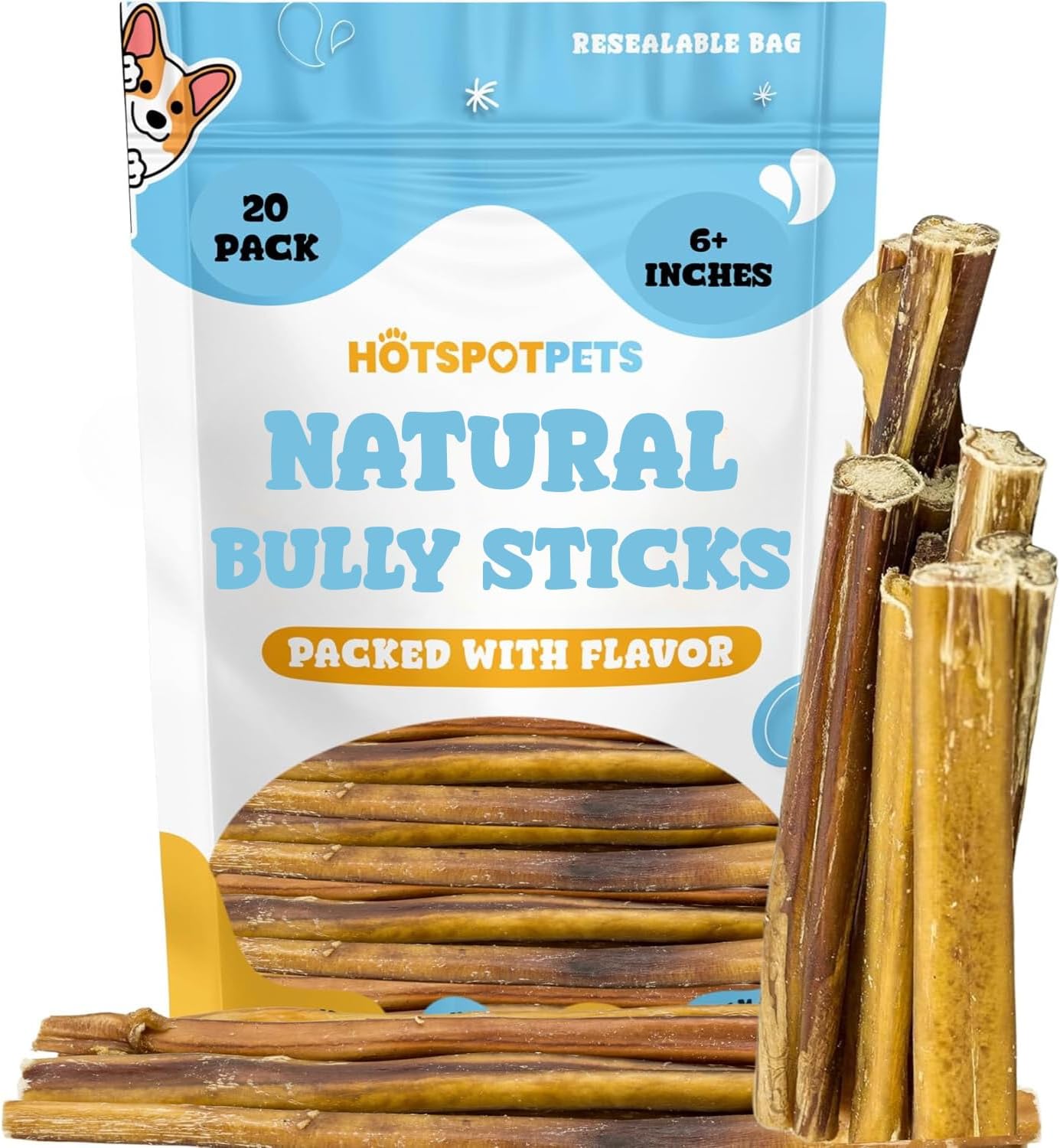 hotspot pets 6 Inch Premium Bully Sticks- (20 Pack) All Natural Long Lasting Bully Sticks for Medium Dogs, Beef Pizzle Treats - Grain Free, Fully Digestible Rawhide Alternative Beef Stix
