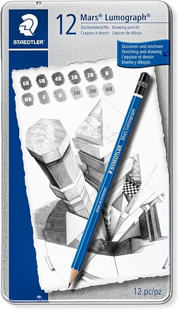 Staedtler mars lumograph tin of 12 drawing pencils (6B to 4H) for design and drafting