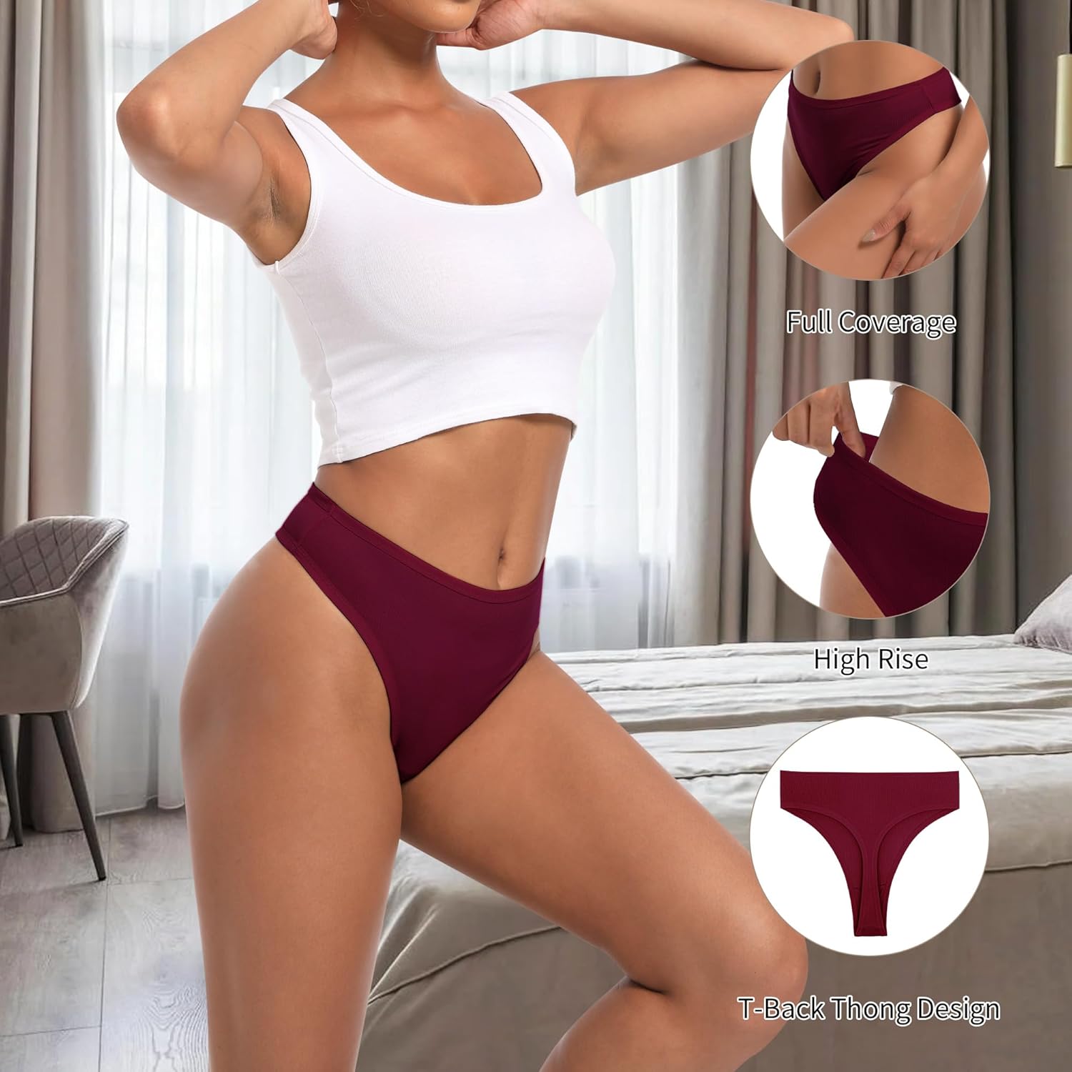 High Waisted Thongs For Women Cotton Tanga Panties Seamless No Show Underwear Women Pack 5 - Image 3