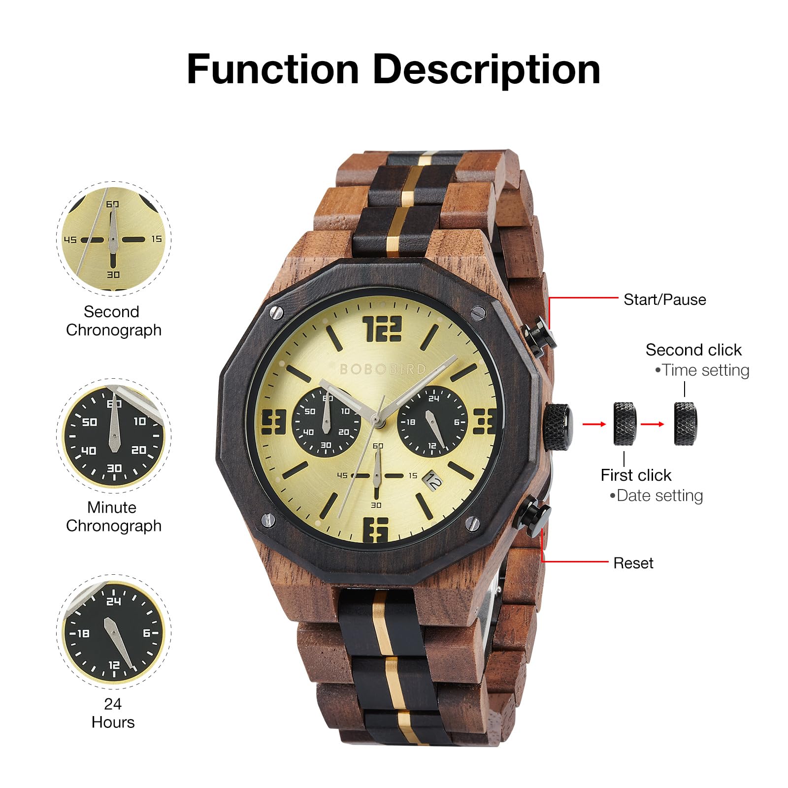 BOBO BIRD Orologio da uomo in legno, sportivo, moderno, casual, cronografo, al quarzo, orologio da polso da uomo, cinturino in acciaio inossidabile con visualizzazione della data (oro), oro, M