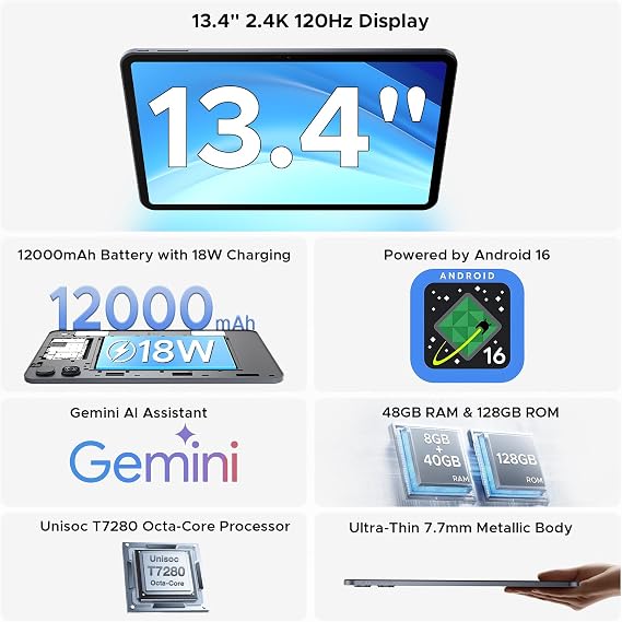 P13 Tablet 13 Inch, Android 16 Tablet with Gemini AI, 48GB+128GB/TF 2TB, 12000mAh, 120Hz Gaming Tablet, 1920x1200, Octa Core Android Tablets, 8+13MP, Widevine L, Tablet with Keyboard, Stylus & Mouse