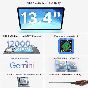 P13 Tablet 13 Inch, Android 16 Tablet with Gemini AI, 48GB+128GB/TF 2TB, 12000mAh, 120Hz Gaming Tablet, 1920x1200, Octa Core Android Tablets, 8+13MP, Widevine L, Tablet with Keyboard, Stylus & Mouse