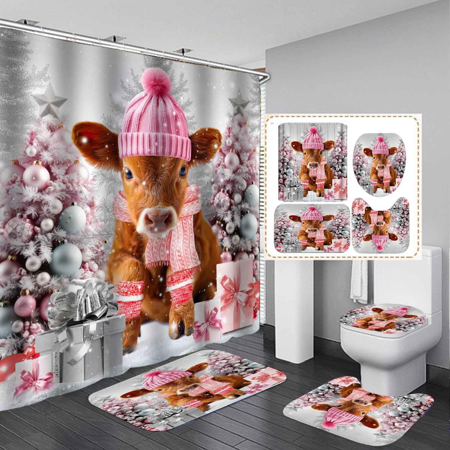 4PCS Funny Cow Christmas Shower Curtain Sets with Rugs, Waterproof Fabric Shower Curtain Cute Cattle Bull Farm Animal Pink Christmas Tree Ball Xmas Gifts Holiday New Year Winter Bathroom Decor