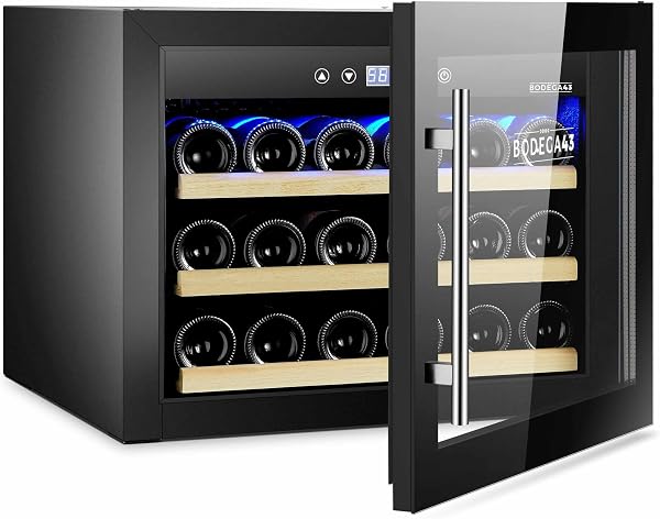 BODEGA43-18C kleiner Einbau-Weinkühlschrank - Weinklimaschrank für 18 Flaschen, Braun getönte Dreifachverglasung, 5-20 ºC, 60 Liter, 3 Schubladen aus Buchenholz, wovon 2 ausziehbar, 38 dB sehr leise - 2