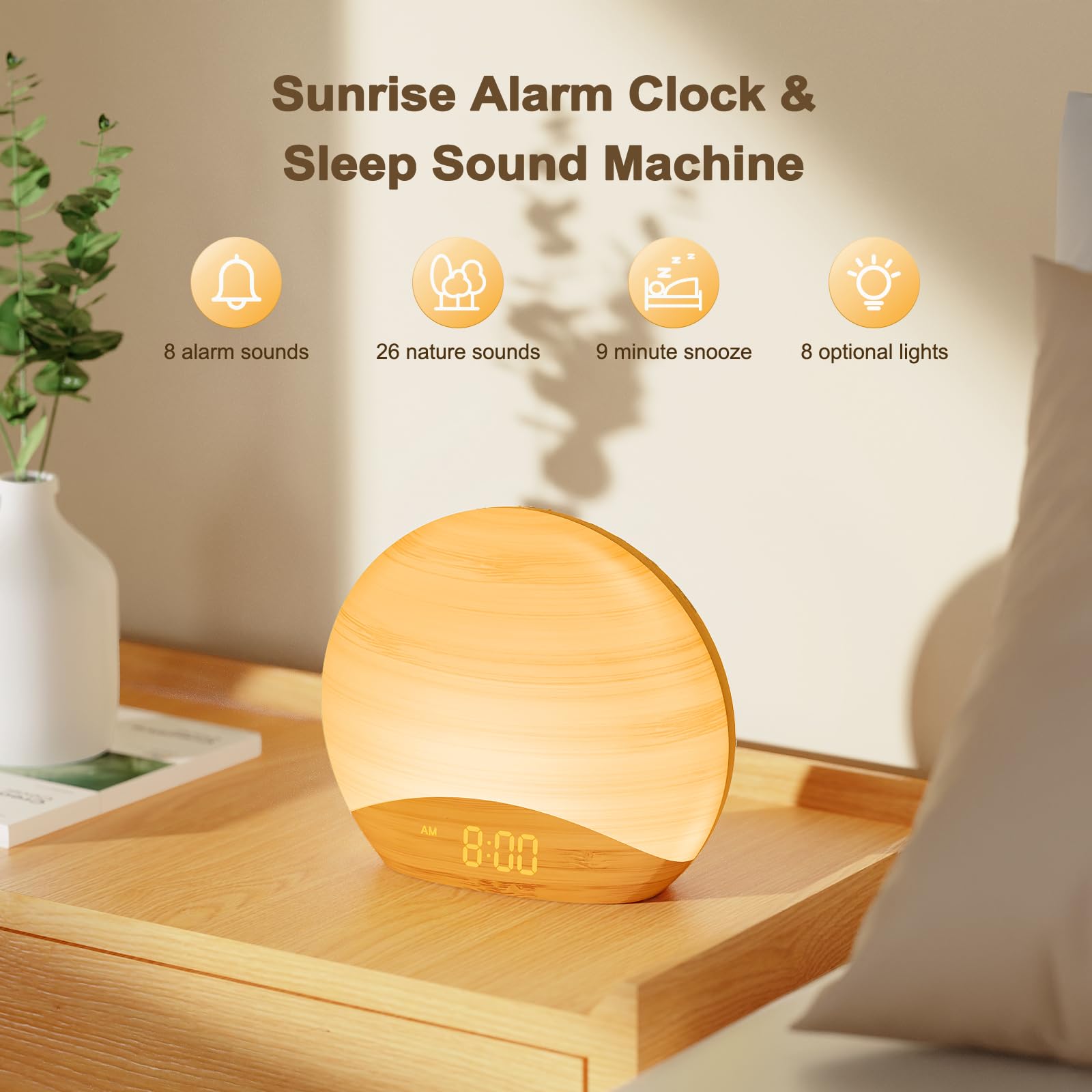 REACHER Sunrise Alarm Clock Wake Up Light, Sound Machine with 26 Nature Inspired Sleeping Sounds, 0-100% Dimmable Clock - Image 2