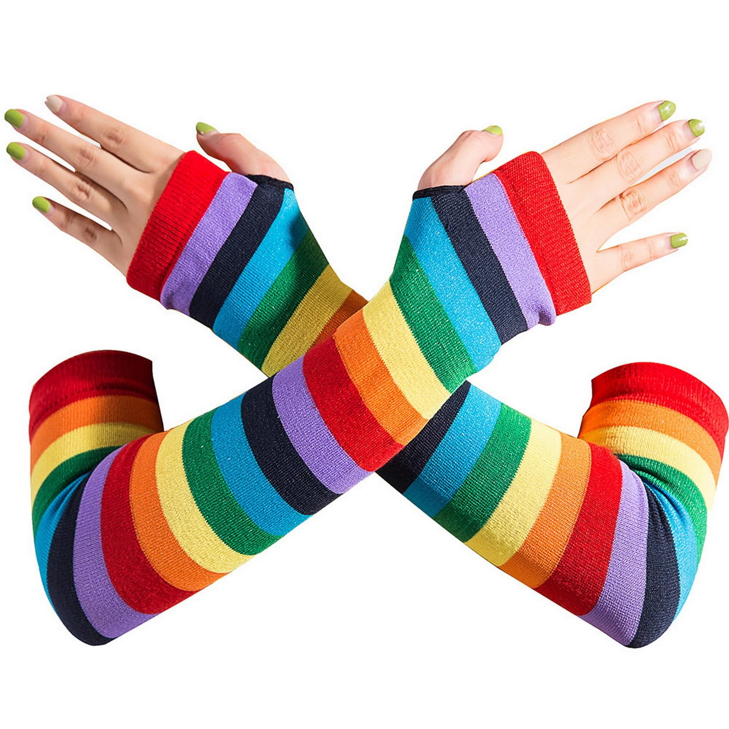 Sihaby Women's Arm Warmers,Long Colorful Stripe Gloves,Knitted Fingerless Gloves,Fashion Gloves for Halloween Cosplay Punk Gothic Rock Costume Accessories
