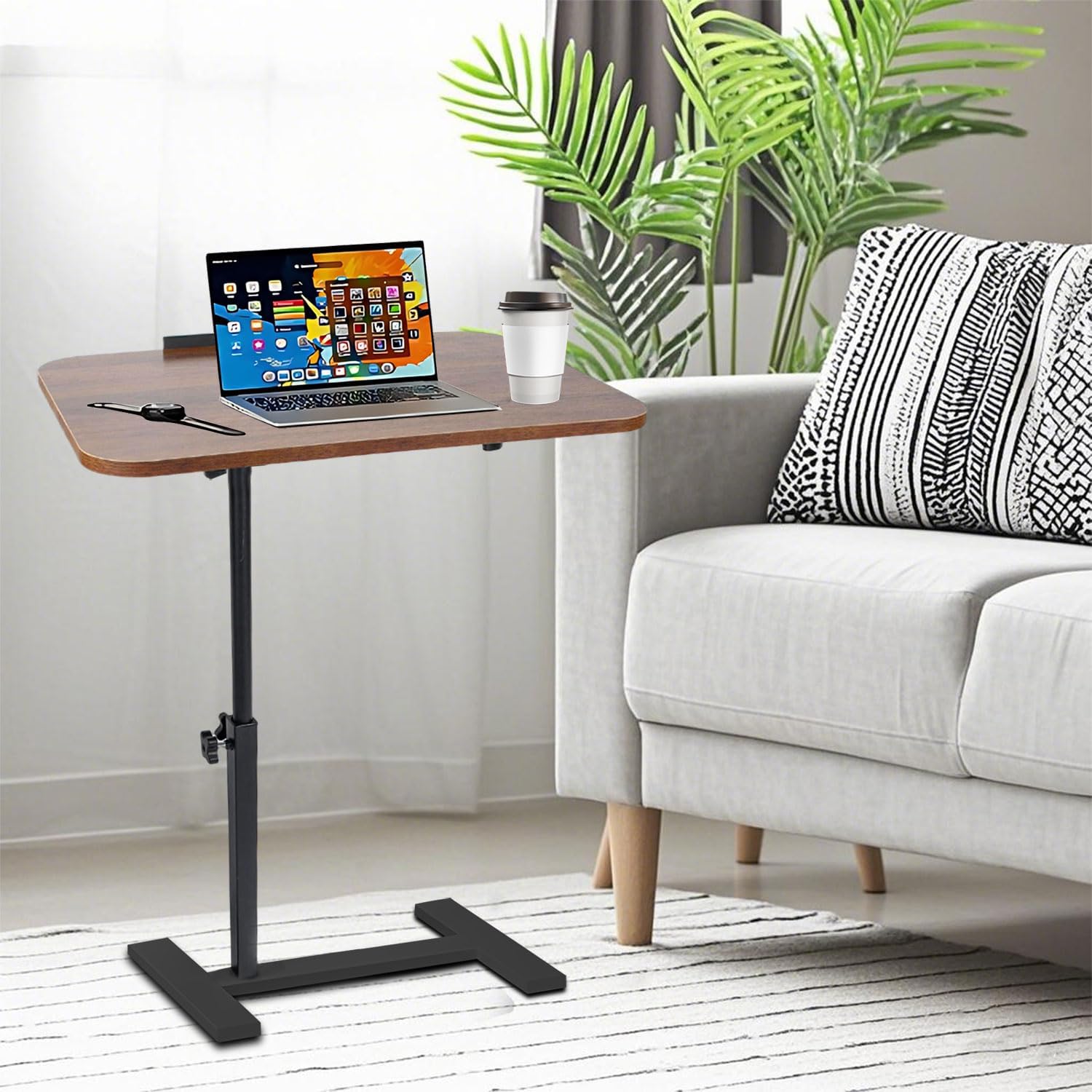 adjustable overbed table, overbed bedside table with hidden casters, 360° swivel c shaped side table, mobile laptop computer standing desk for home and hospital use (walnut)