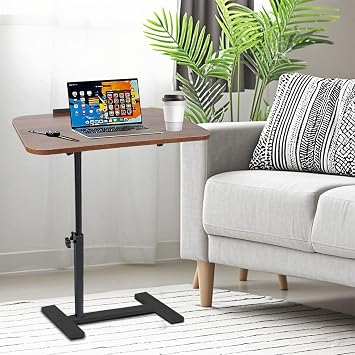Adjustable Overbed Table, Overbed Bedside Table with Hidden Casters, 360 Swivel C Shaped Side Table, Mobile Laptop Computer Standing Desk for Home and Hospital Use Walnut