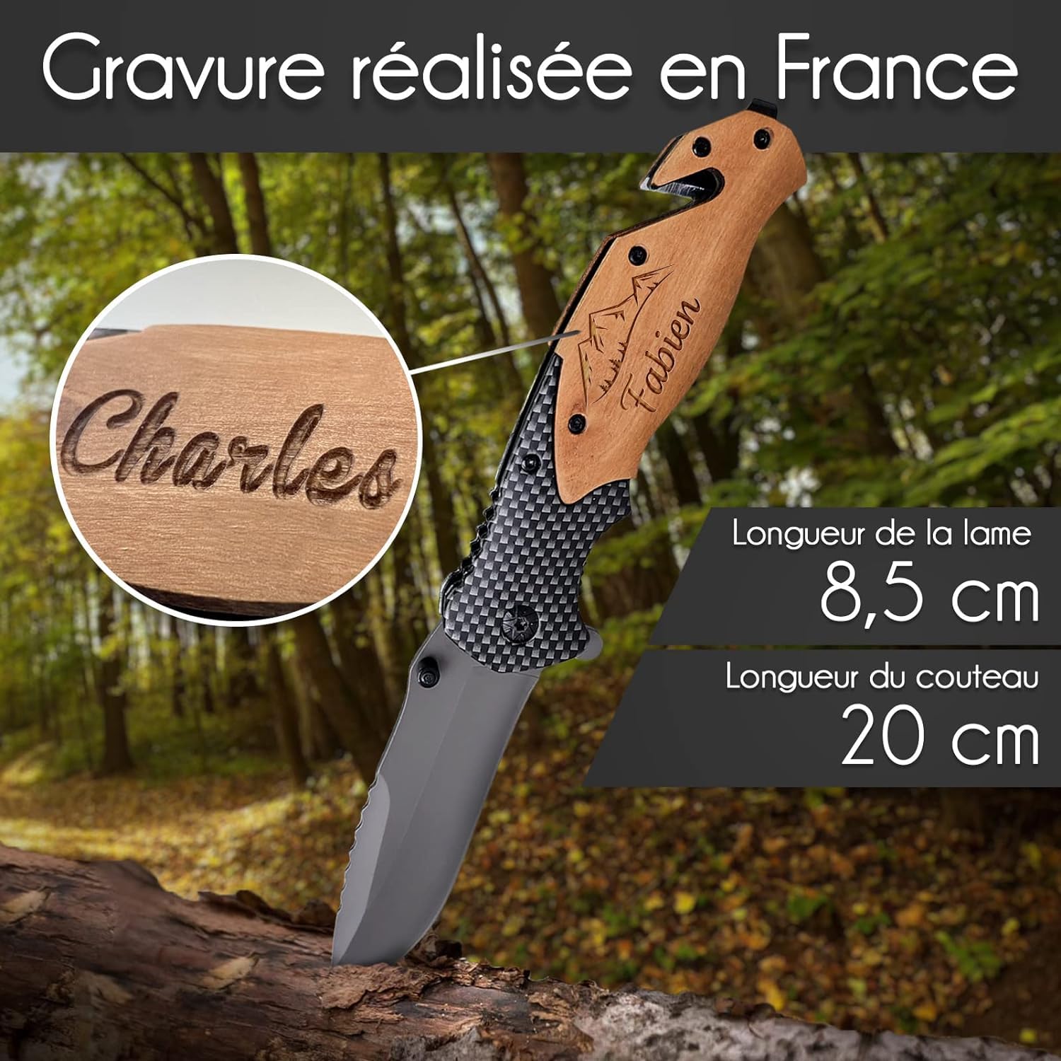 Couteau de survie personnalisé gravé avec prénom - Lame sécurité personnalisable - Manche en bois - Effet carbone - Cadeau Saint-Valentin homme
