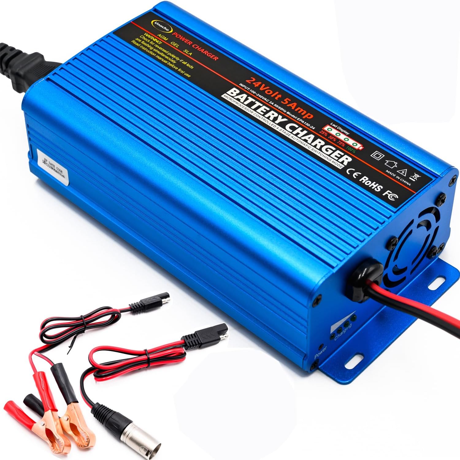 Unocho 24 Volt battery charger Smart Fully Automatic Battery Charger Maintainer Trickle Charger 5A car battery charger 3-pin XLR alligator connector with I/O switch