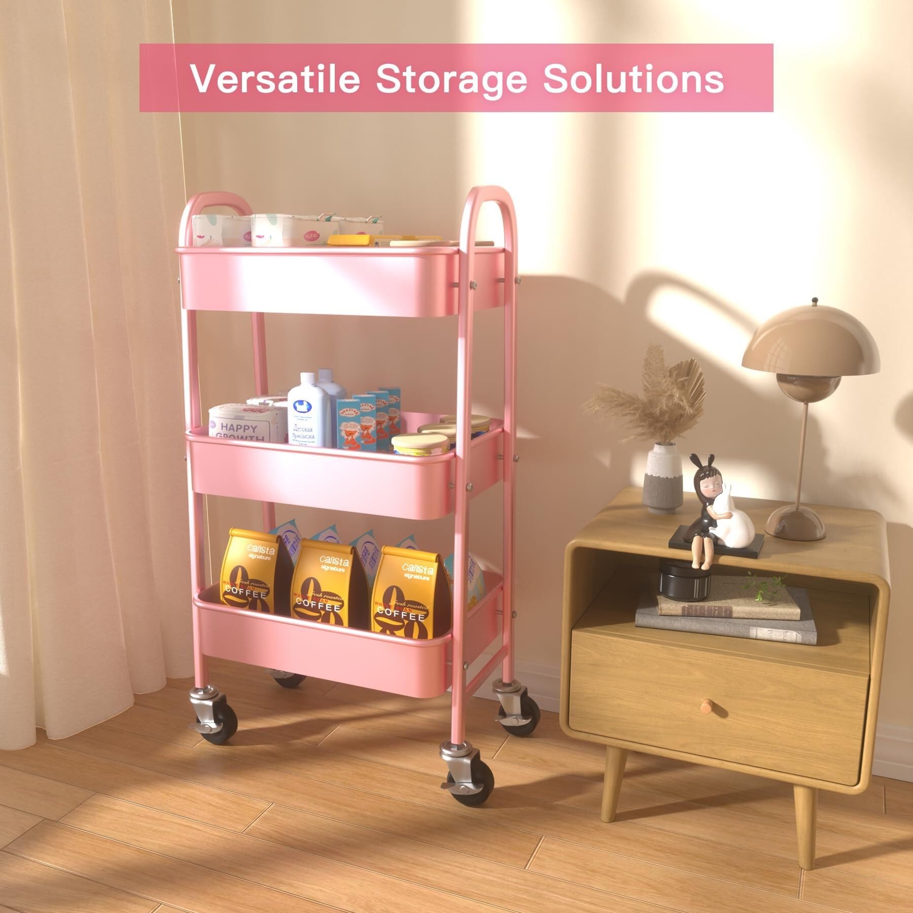 Carrellos Estetista Carrello Portaoggetti in Metallo A 3 Ripiani su Ruote, Salvaspazio E Durevole, per Cucina, Trucco, Bagno, Ufficio Carrello Parrucchieri(Pink)
