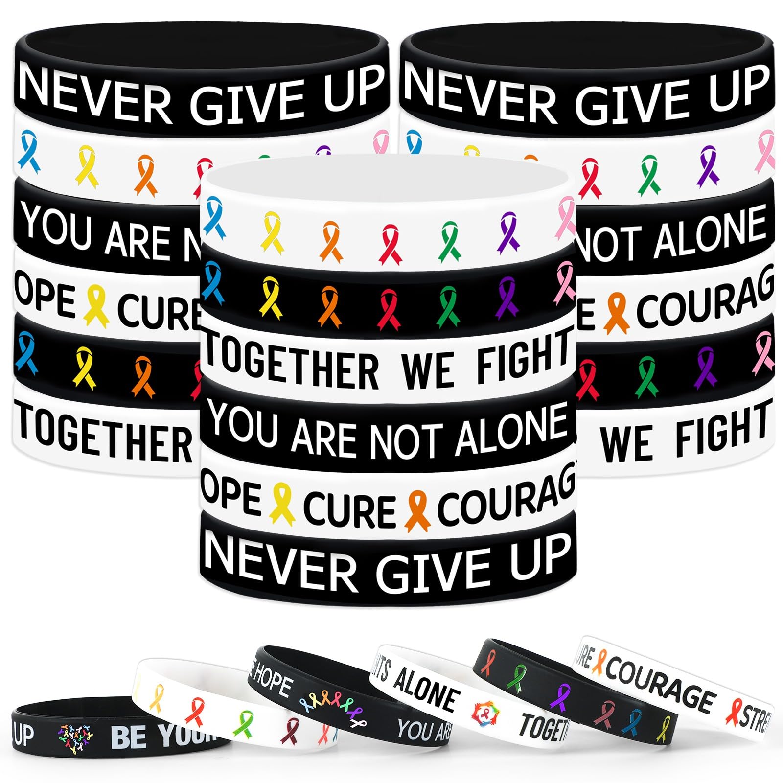 JUNEBRUSHS 42pcs Cancer Awareness Silicone Wristband Bulk All Prevention Ribbon Inspirational Rubber Bracelets for Cancer Fighters Favor Dress-Up Supplies โ image 1