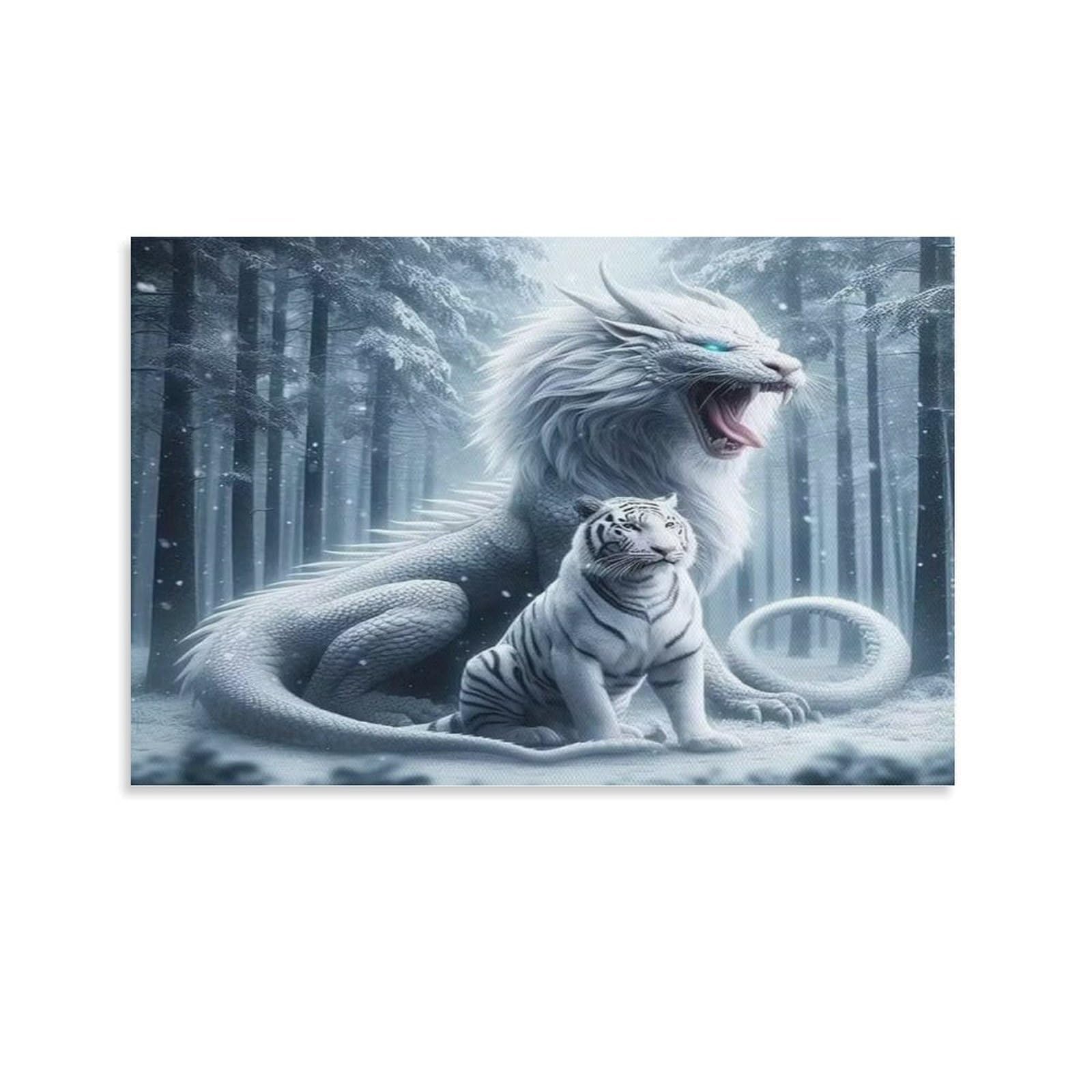 CPLVKWRQJ Snowy Forest with White Dragon And Tiger 1 Piece White Myth Dragon Little Tiger Snowy Woods Canvas Art Decor - Bedroom Nursery Wall Hanging Space Saving Ready to Hang 16x24inch(40x60cm)