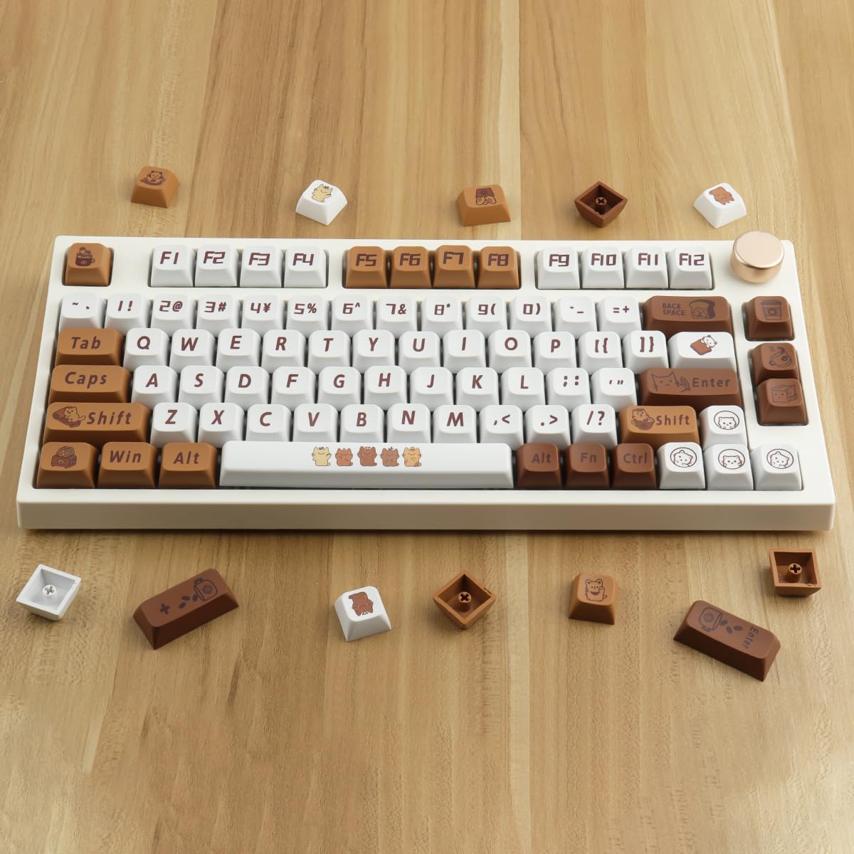 Hyekit PBT Keycaps - 129 Keys Cat Coffee Design, Dye-Sublimation, XDA Profile, Custom Keycaps for Cherry Gateron MX Switches Mechanical Keyboards