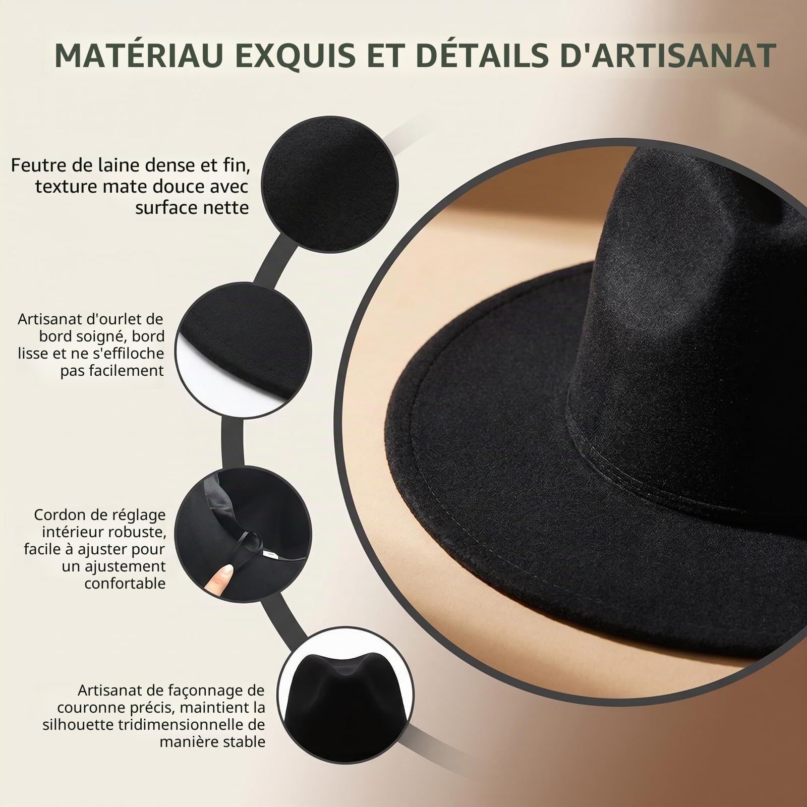 Classic Black Jazz Hat Fashion Fedora Hat Large Bord Porc Tarte Cap élégant Laine Feutre Hiver Hommes Femmes Chapeaux