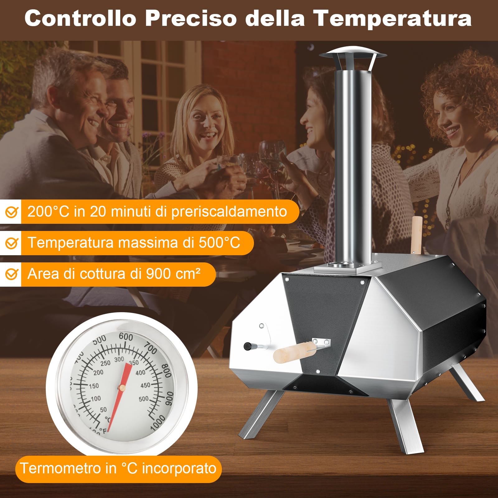 GYMAX Forno a Legna per Pizza, Griglia in Acciaio Inox a 3 Strati con Termometro, Pala per Pizza, Pietra per Pizza, Gambe Pieghevoli, per Esterno Cortile, Veranda, 51 x 38,5 x 83 cm