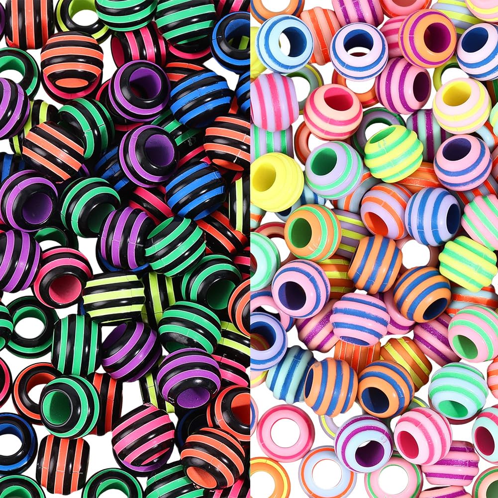 PONABEADIY 400PCS Rainbow Acrylic Striped Beads Large Hole European Rondelle Spray Painted Resin Stripe Chunky Plastic Gumball Loose Spacer Bead Bulk for Jewellery Making Bracelets Necklace DIY Crafts — image 1