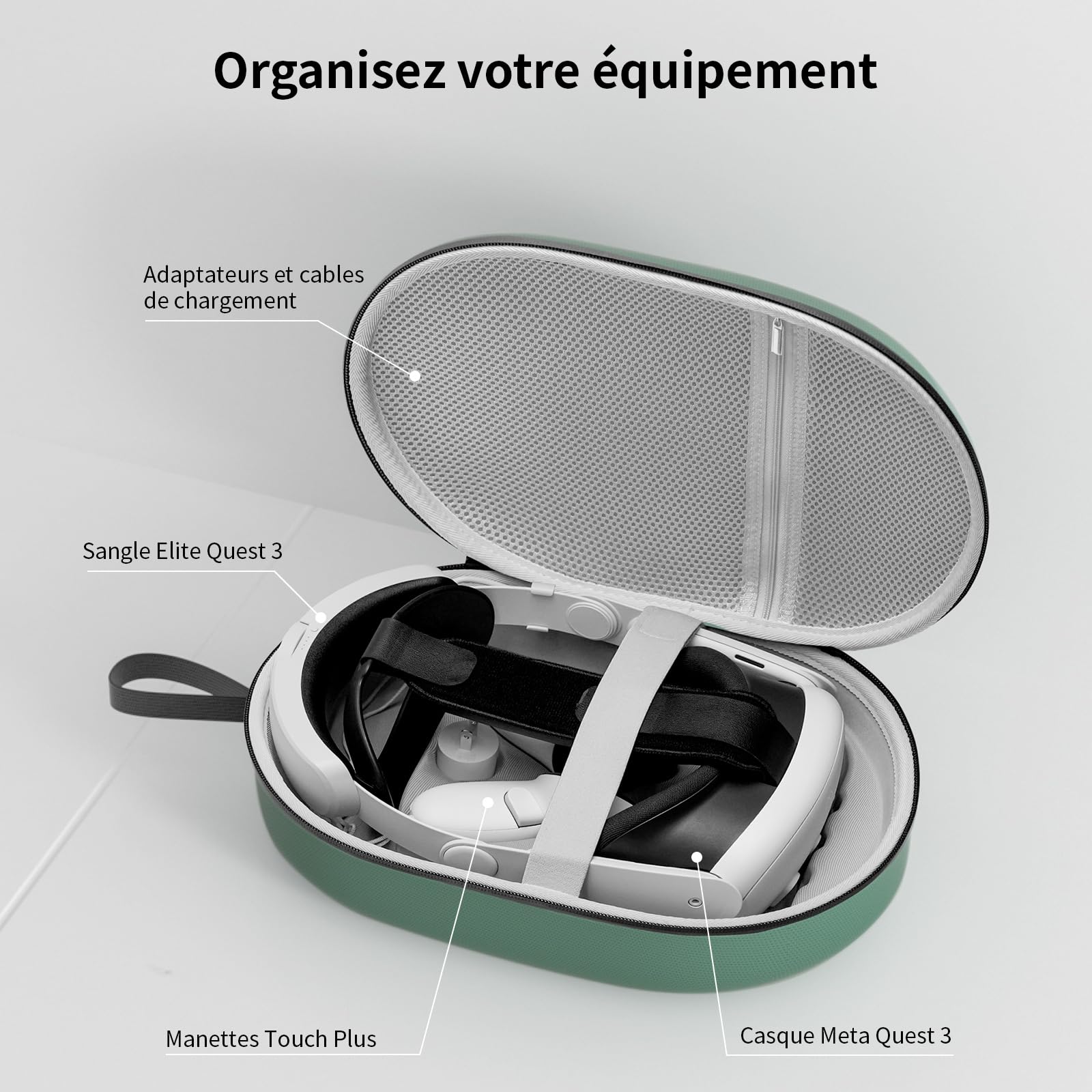 Housse de Transport pour Meta Quest 3S/Quest 3, Compatible avec Le Elite Strap à Batterie, Les manettes et Autres Accessoires, Coque Rigide et Protection supérieure pour Les Voyages, Vert