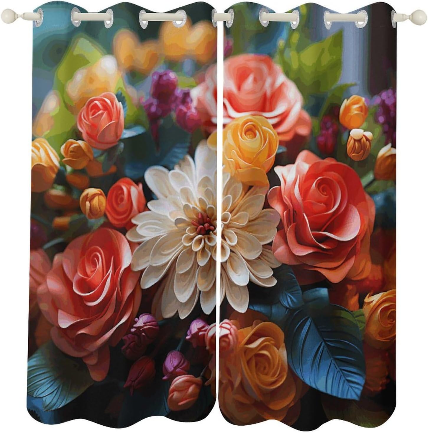 Color Flowers Printed Perforated Curtains, Insulated Curtains for Winter, Thermal Drapes are Suitable for Most Windows, Balconies