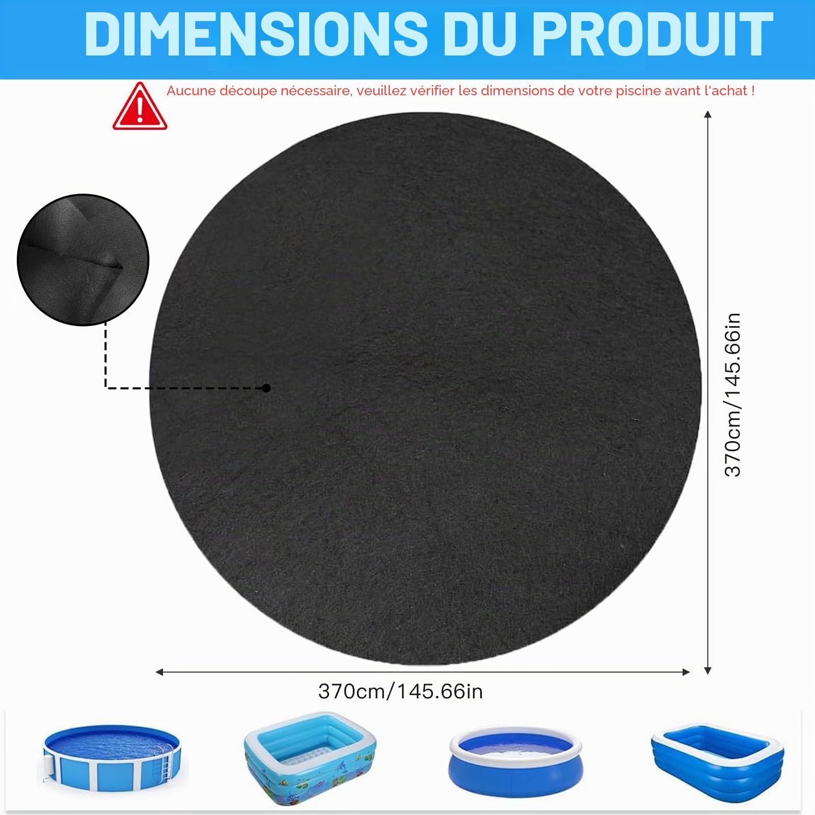 Couverture de piscine ronde 370 cm – sous-couche de piscine antidérapante pour l'extérieur, sous-couche de protection de fond de piscine pour piscines hors sol et spas, pliable, robuste