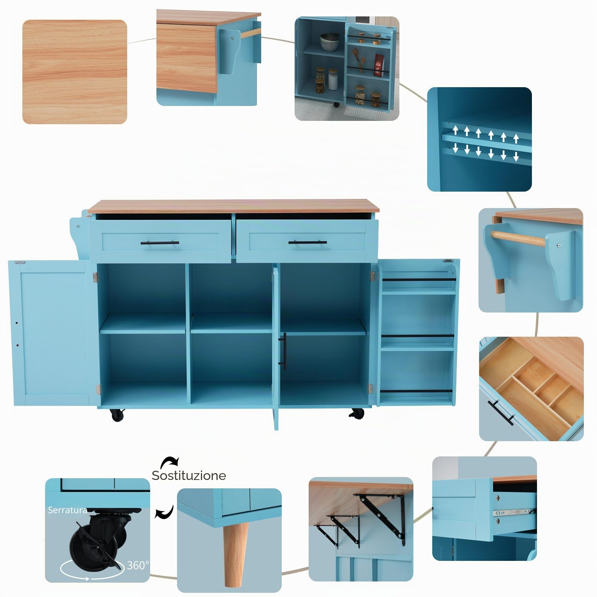 soges Carrello da cucina con ruote, multifunzione, blu, MDF, blu dipinto, 129cm x 76cm x 91,5cm