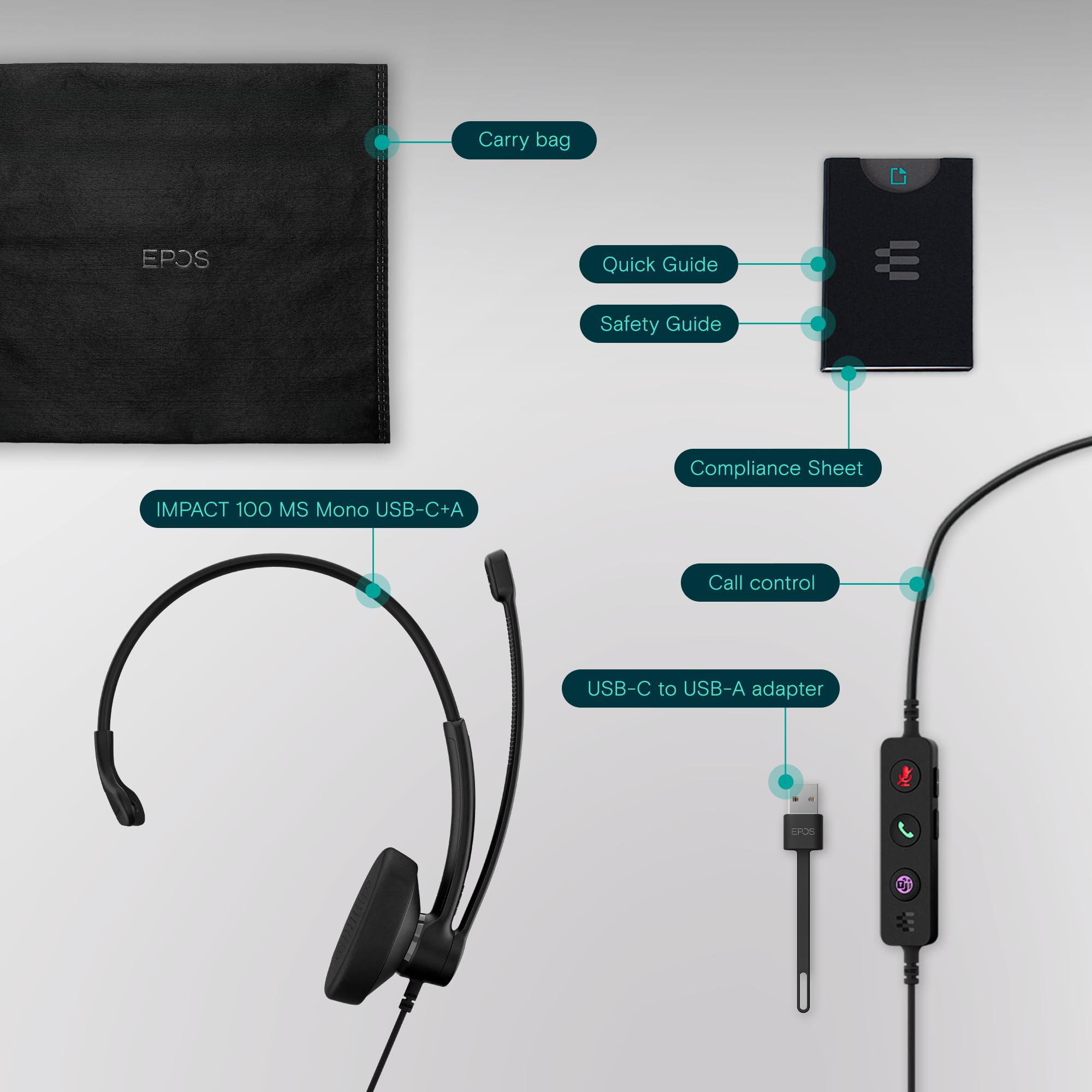 EPOS IMPACT 100 MS Mono USB-C+A zestaw słuchawkowy z mikrofonem, certyfikat Microsoft Teams, redukcja szumów, lekki, miękki silikonowy wspornik boczny, adapter USB, sterowanie połączeniami, UC do