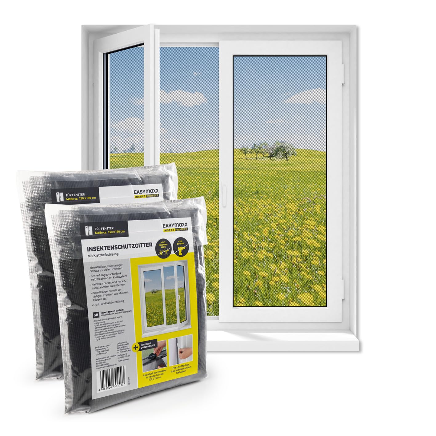 EASYmaxx Zanzariera per finestra con chiusura a strappo | Rete Anti-​Insetti tagliabile fino a 130 x 150 cm | Facile installazione - senza forare e avvitare | Rete antizanzare autoadesivo [Nero]