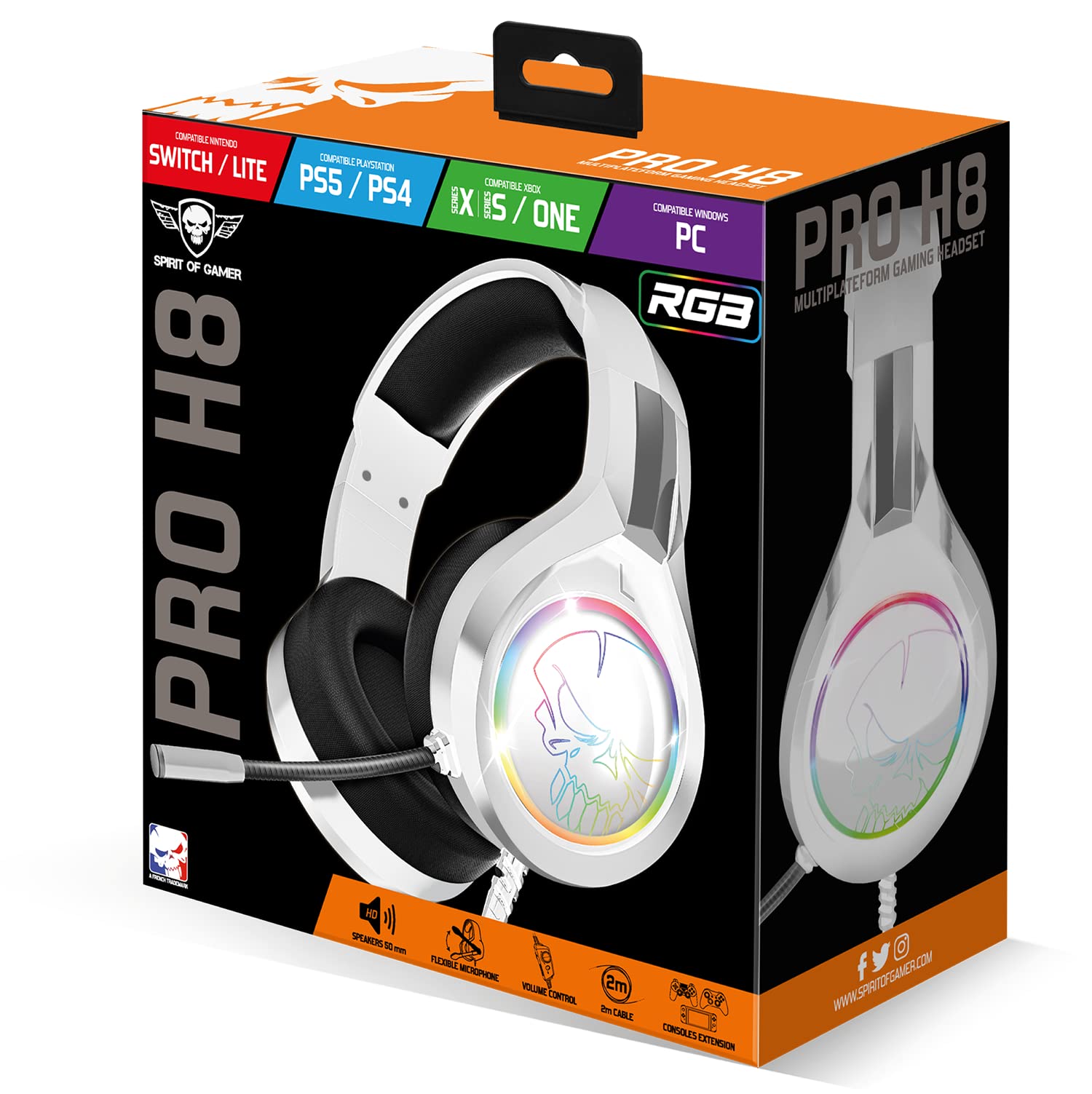 SPIRIT OF GAMER - PRO H8, Cuffie Gaming Cablato Bianco RGB con Microfono, Compatibile con PS5, PS4, Xbox, Switch e PC, Audio stereo 2.0, Uscita USB e Jack,Cuscino in Similpelle e Archetto Regolabile