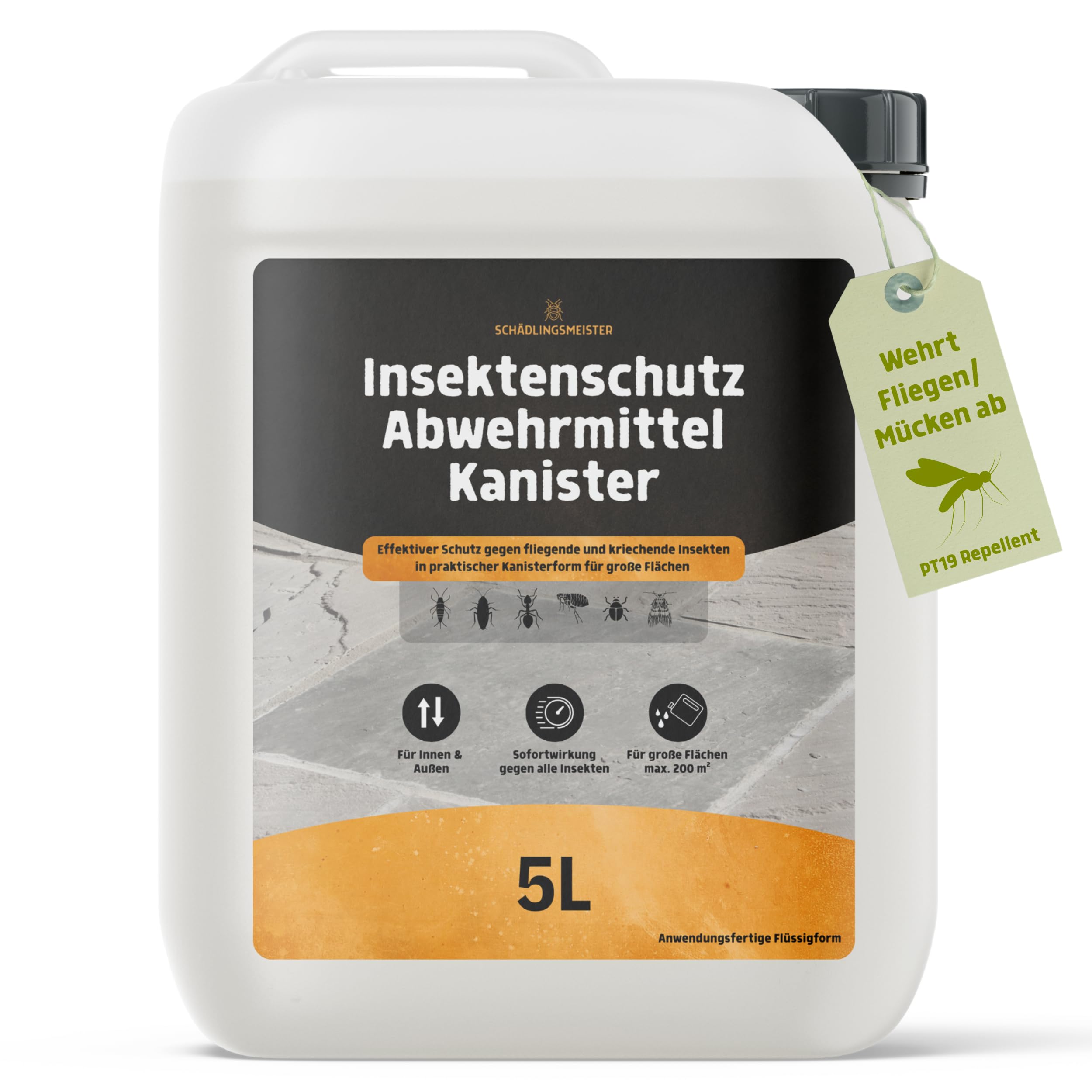 Gegen Fliegen & Mücken! – Insektenschutz Abwehrmittel Kanister – 5 L – Anwendungsfertig – Repellent gegen Stubenfliegen & Stechmücken – Für Innen & Außen – Langzeitschutz – Bis 200 m² – PT19 Repellent