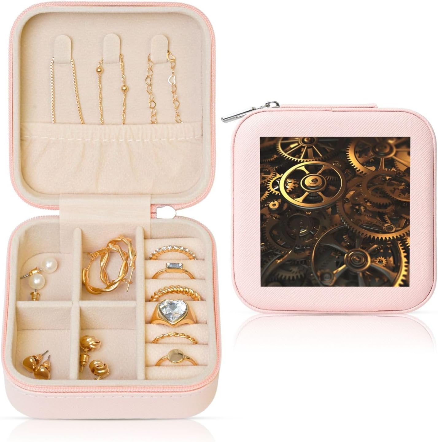 Jewelry Box for Women PU Leather Small Jewelry Organizer Box with Zipper Mini Travel Case Cool Steampunk Gears Display Storage Holder Boxes for Earrings Rings Necklaces Bracelets
