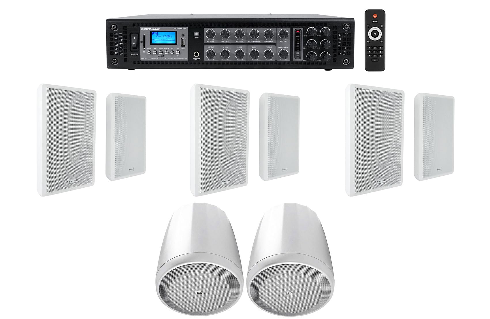 Rockville Bundle: (1) RCS180-6 180 Watt 6 Zone 70v Restaurant Amplifier Bundle with (6) RockSlim 70B White 5.25