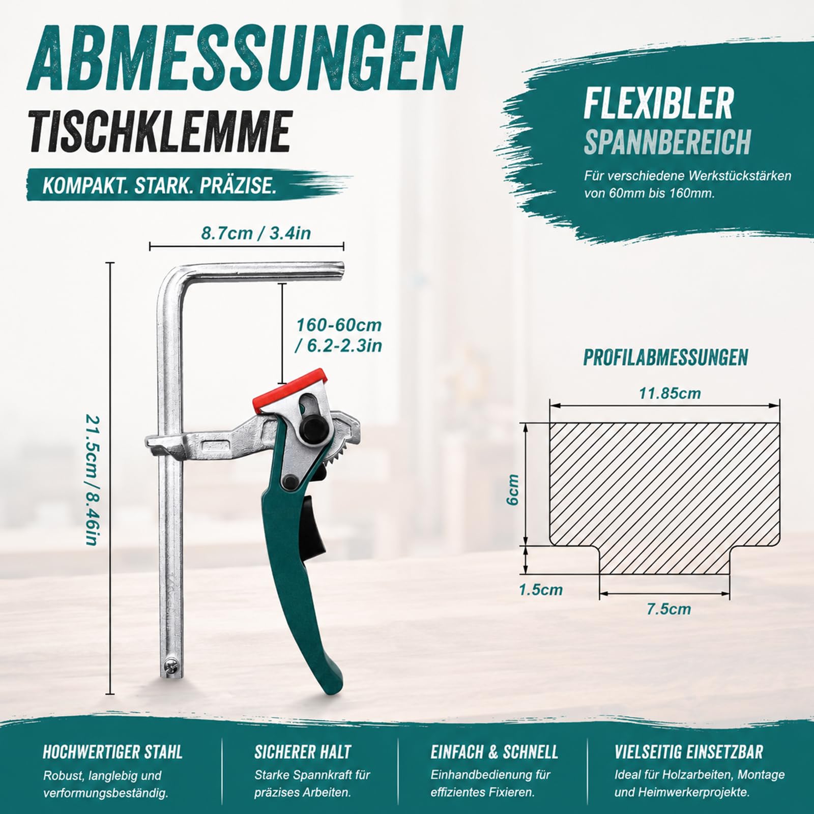 2 Stk Hebelzwinge, Ganzstahl Tischzwinge mit Hebelgriff, | Schnellspanner Zwinge mit 160mm Kapazität und 60mm Kehlentiefe zum Schneiden, Schleifen, Grün