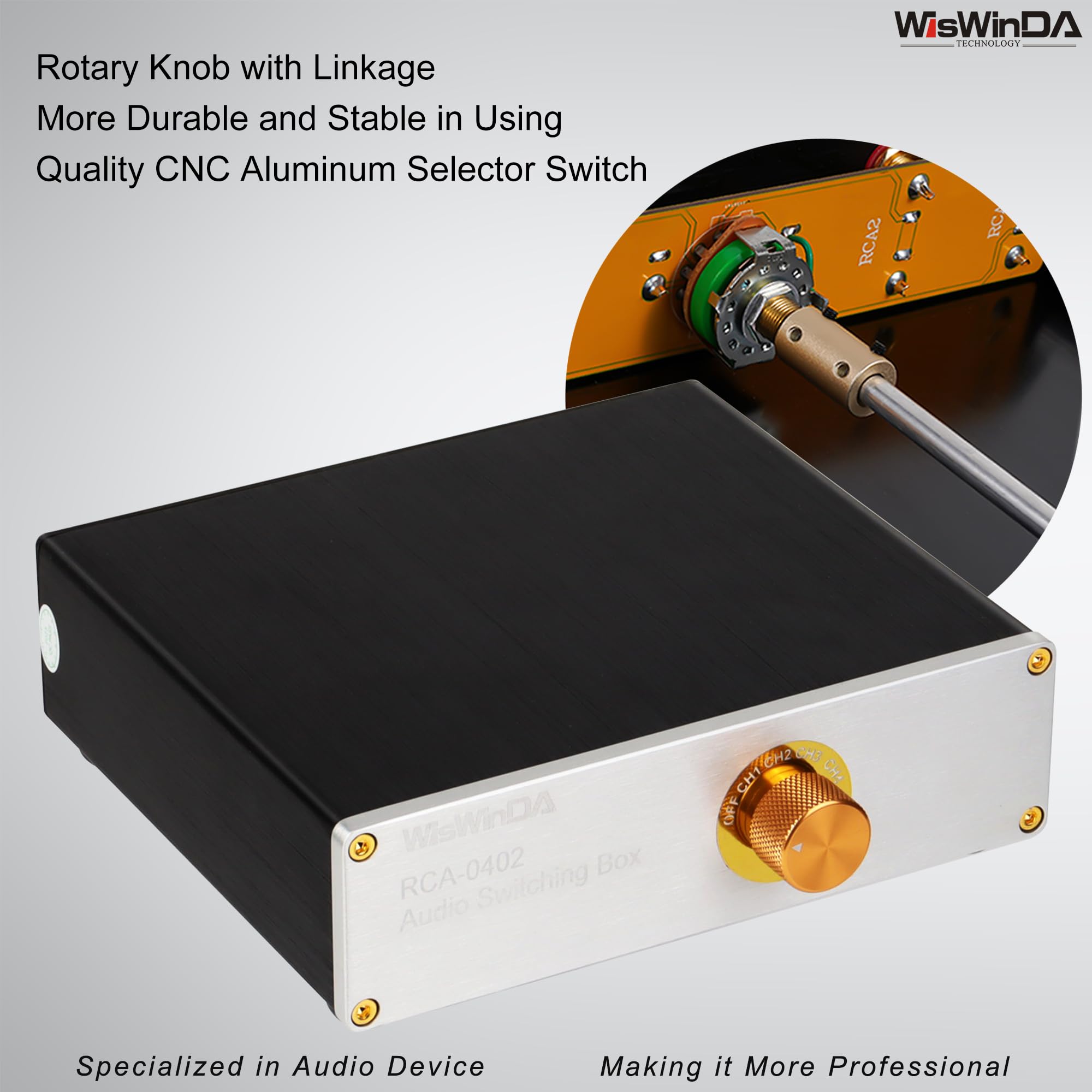 Caja de conmutación de audio Pro RCA de 4 pulgadas, 2 salidas, convertidor de audio, 4 canales, 4 pulgadas, 2 salidas, estéreo HiFi, selector de audio pasivo, caja de conmutación, carcasa de aluminio
