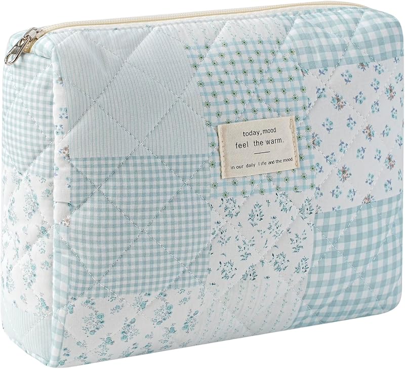 Necessaire de Maquiagem Matelassê uekeboag com Estampa Floral, Azul Patchwork