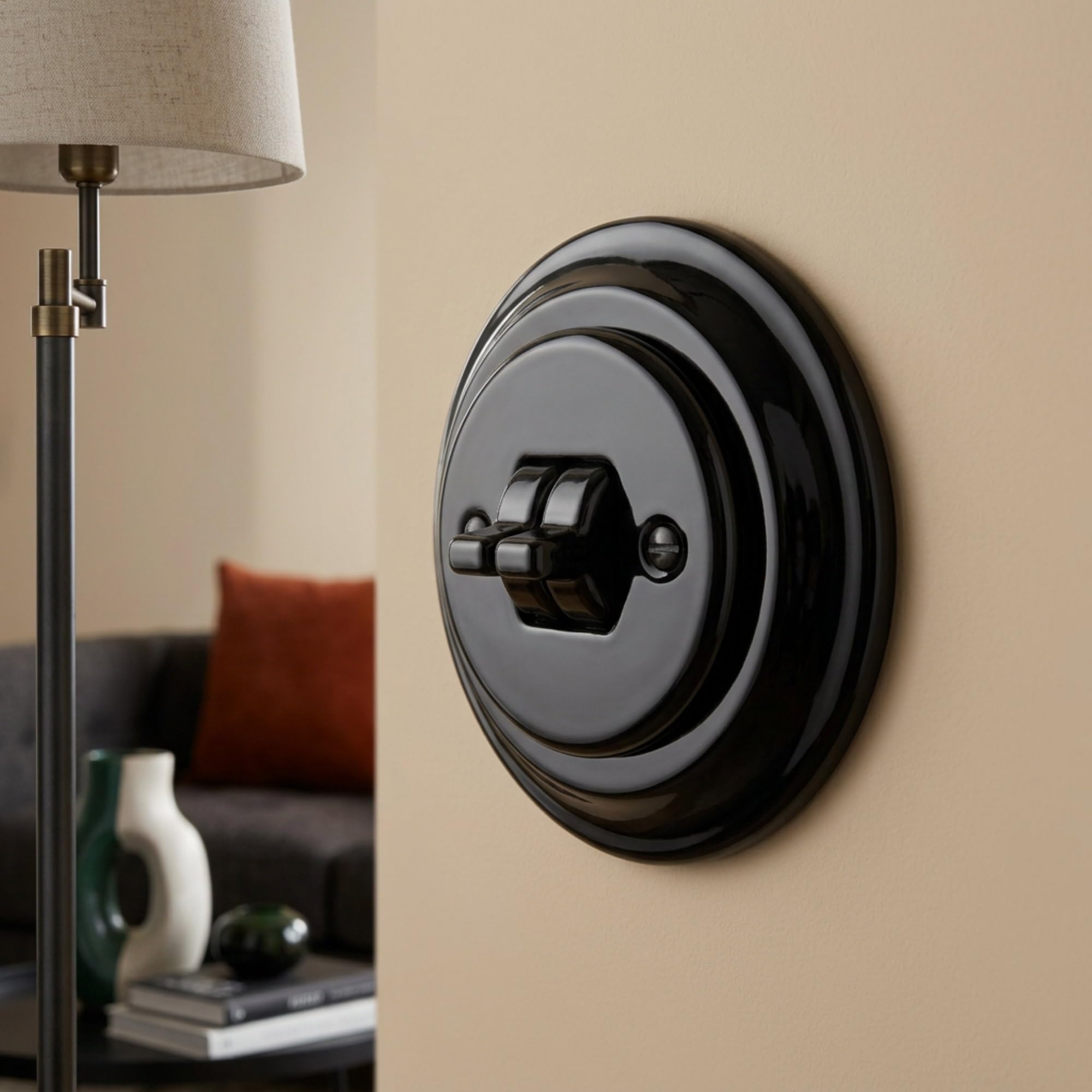 Unterputz Porzellan Retro Toggle Doppelschalter, All-in-One, Serie PR1 schwarz