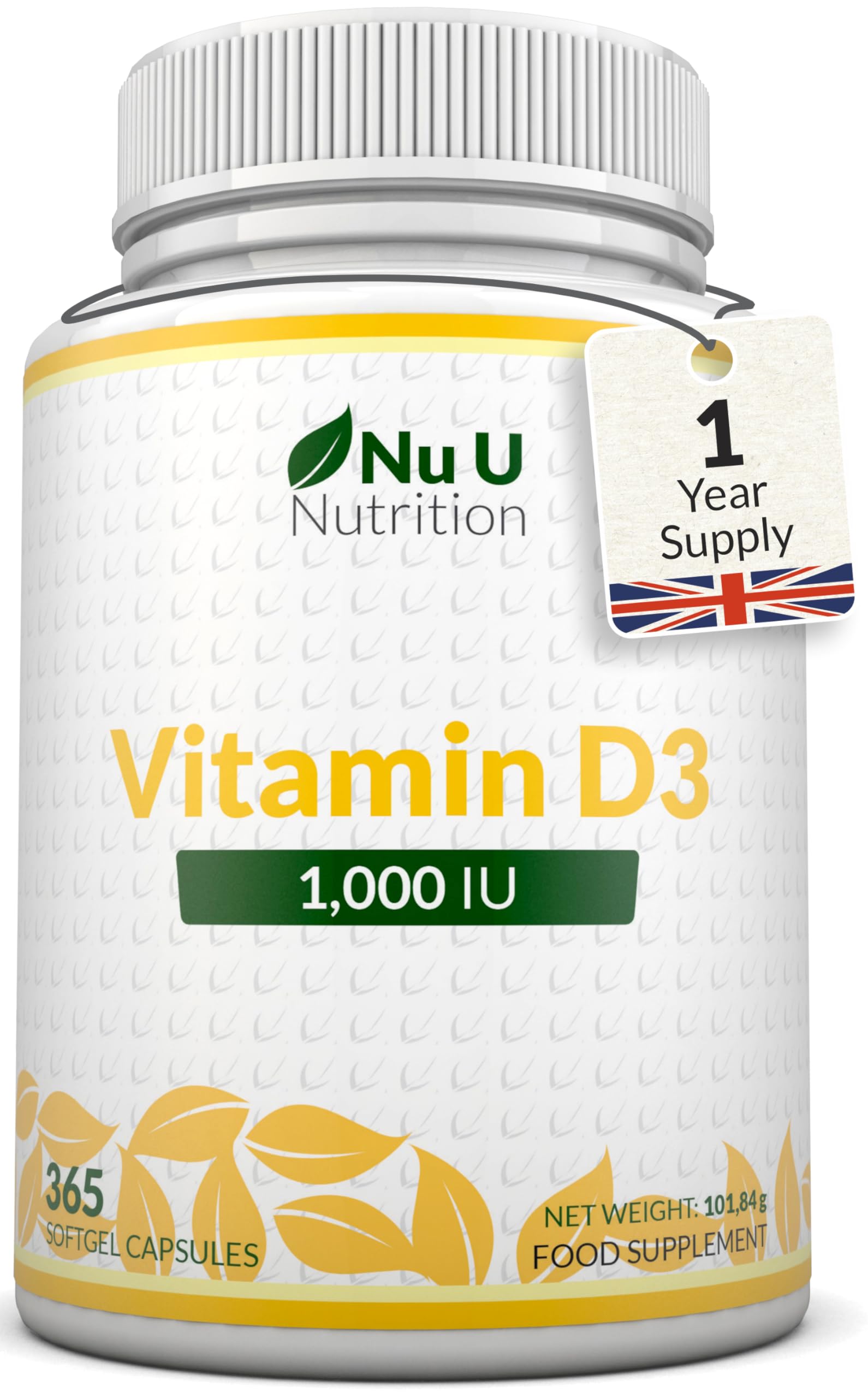 Vitamin D 1000IU - 365 Softgels Capsules - 1 a Day - 1 Year Supply - High Strength Vitamin D Supplement - Cholecalciferol VIT D3 - Made in The UK - Nu U Nutrition