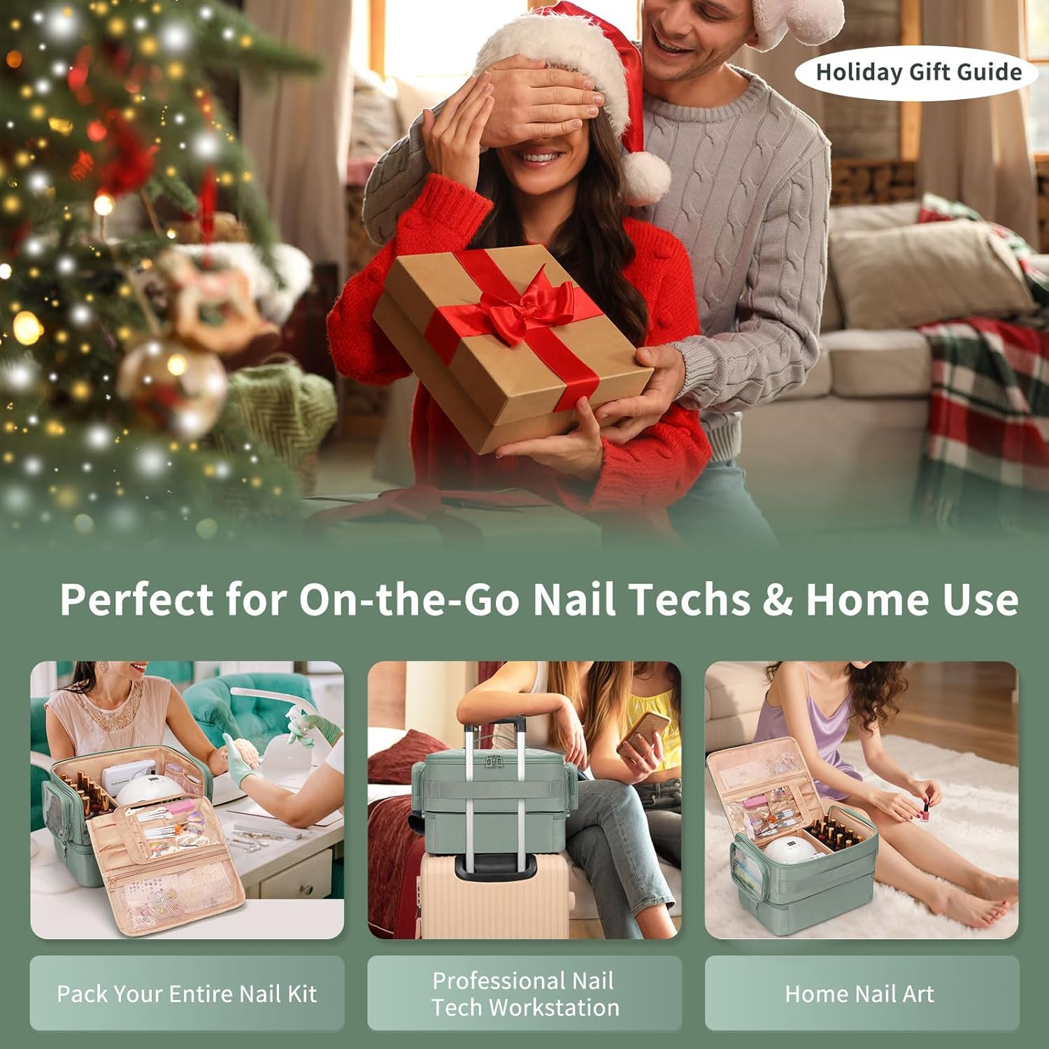 OCHEAL Nail Polish Organizer, Holds Nail Lamp and 45+ Bottles 2-in-1 Nail Polish Storage Case,Detachable Nail Techs Gel Kit Supplies Carring Bag for Manicurist Tools 45-Slot Nail Holder-Green