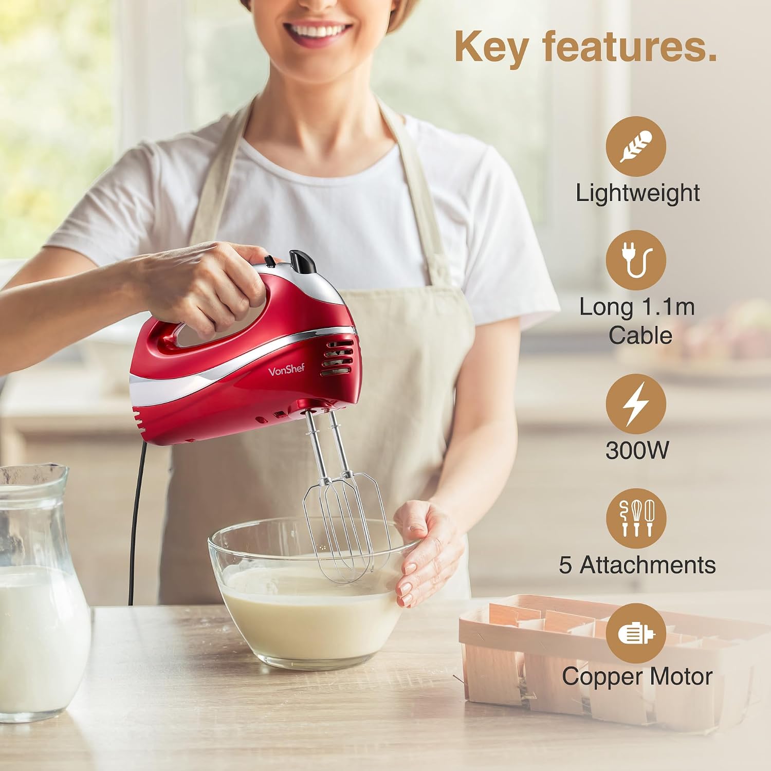 Hand Mixer Electric Whisk – Food Mixer for Baking with 5 Speeds, 300W thumbnail 2