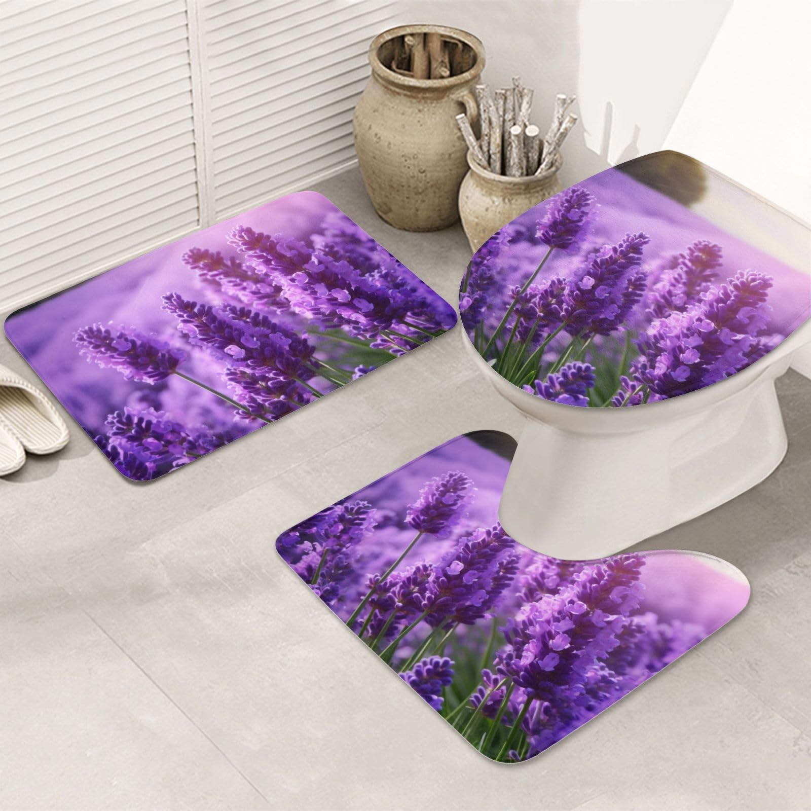 Tapis de bain antidérapants en flanelle violet lavande avec tapis de WC U