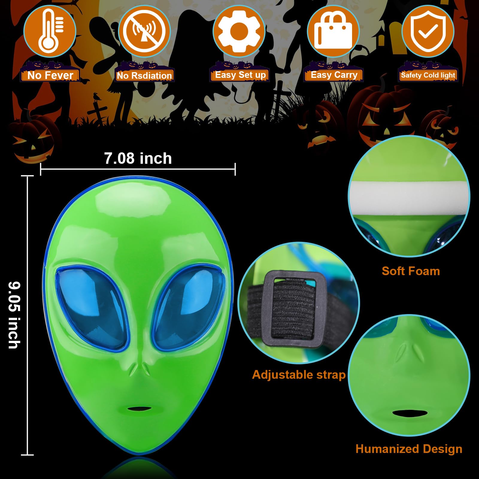 Tanganan LED Alien Mask for Adult,Halloween LED Light up Mask 3 Modes Lighted Face Mask for Festival Cosplay Halloween Costume (1pc) - Image 3