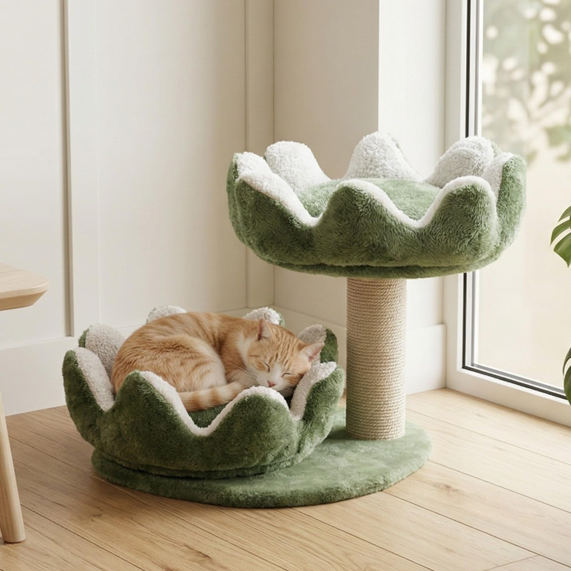 Cat Tree Tower with Scratching Post, Green and White, Plush Flower Design, 2-Tier with Hanging Ball Toy, 17 Inch Height (FURR-004-FLOWER) (Green)-image-11
