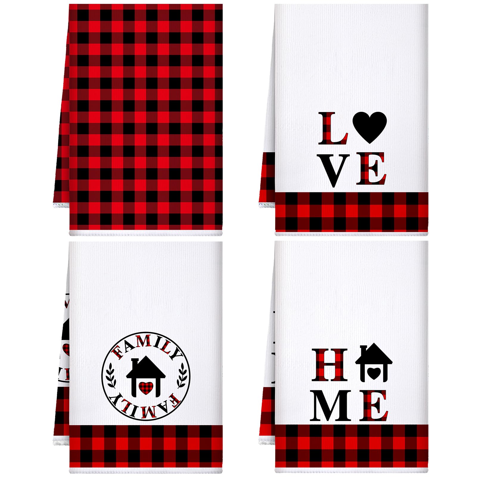 Honoson Christmas Kitchen Towels Ultra Absorbent Dish Quick to Drying Hand Polyester Cleaning Tea Towels for Home Washing Drying Dishes Kitchen Supplies(Red, Black,Home, Love)