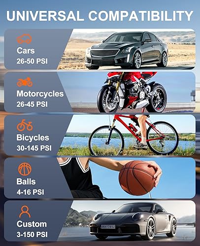 Miniatura 6 de Compresor de aire portátil para inflador de neumáticos, bomba eléctrica de bicicleta de 150 PSI, apagado automático y medidor de presión digital,