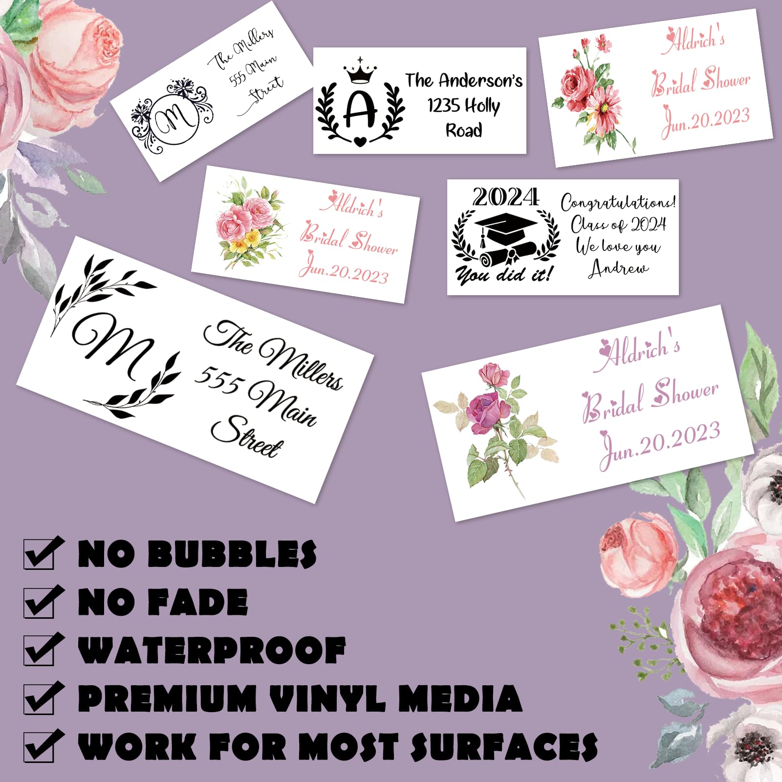 Lot de 50 à 1 000 autocollants rectangulaires personnalisés en vinyle imperméable pour mariage et fête d'anniversaire (12,7 x 7,6 cm)