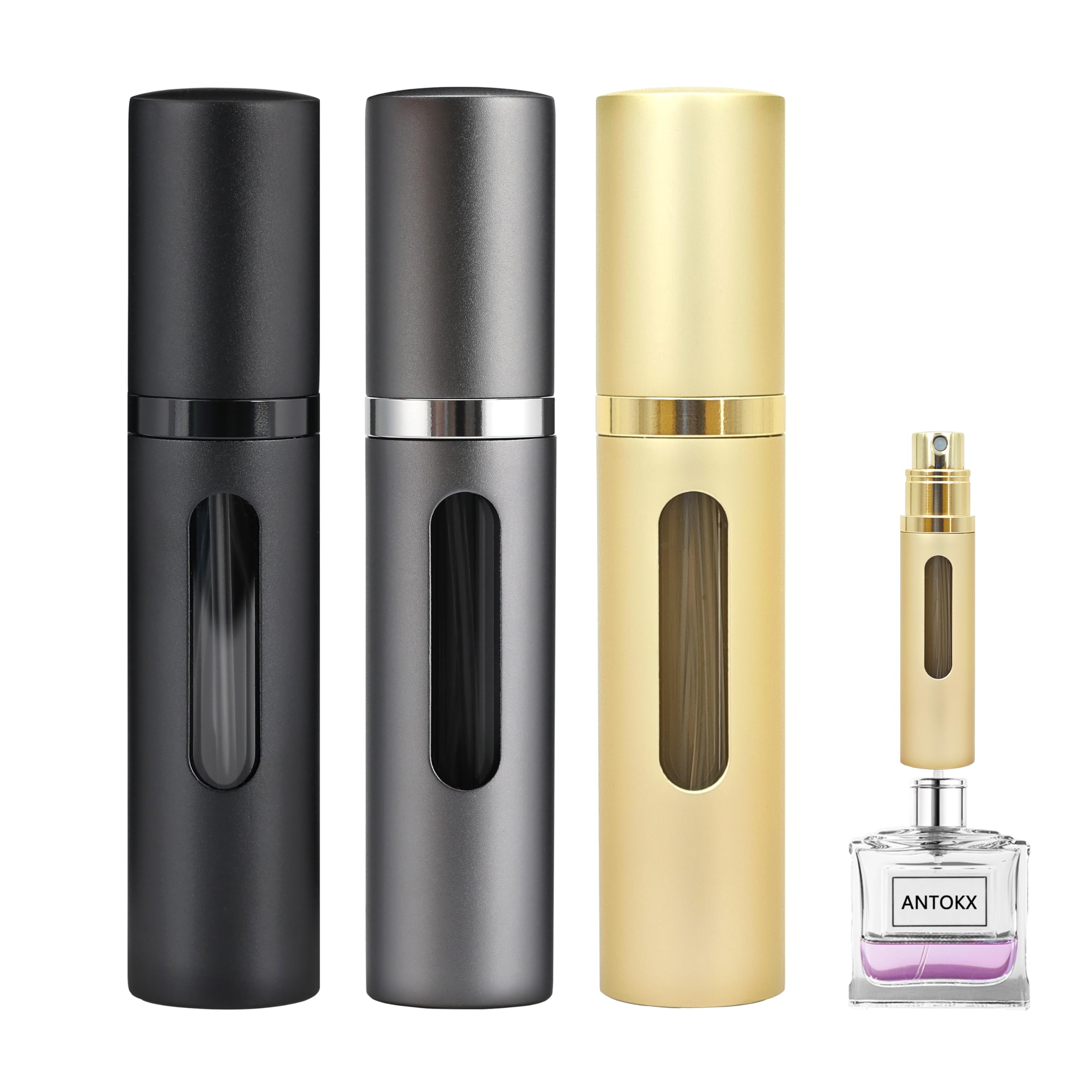 Travel Perfume Refillable Bottle Atomizer - 3-Pack 5ML ANTOKX Pocket Perfume Atomizer, Leakproof Small Perfume Spray Bottle Portable Perfume Sprayer for Women and Men (Black & Grey & Gold)