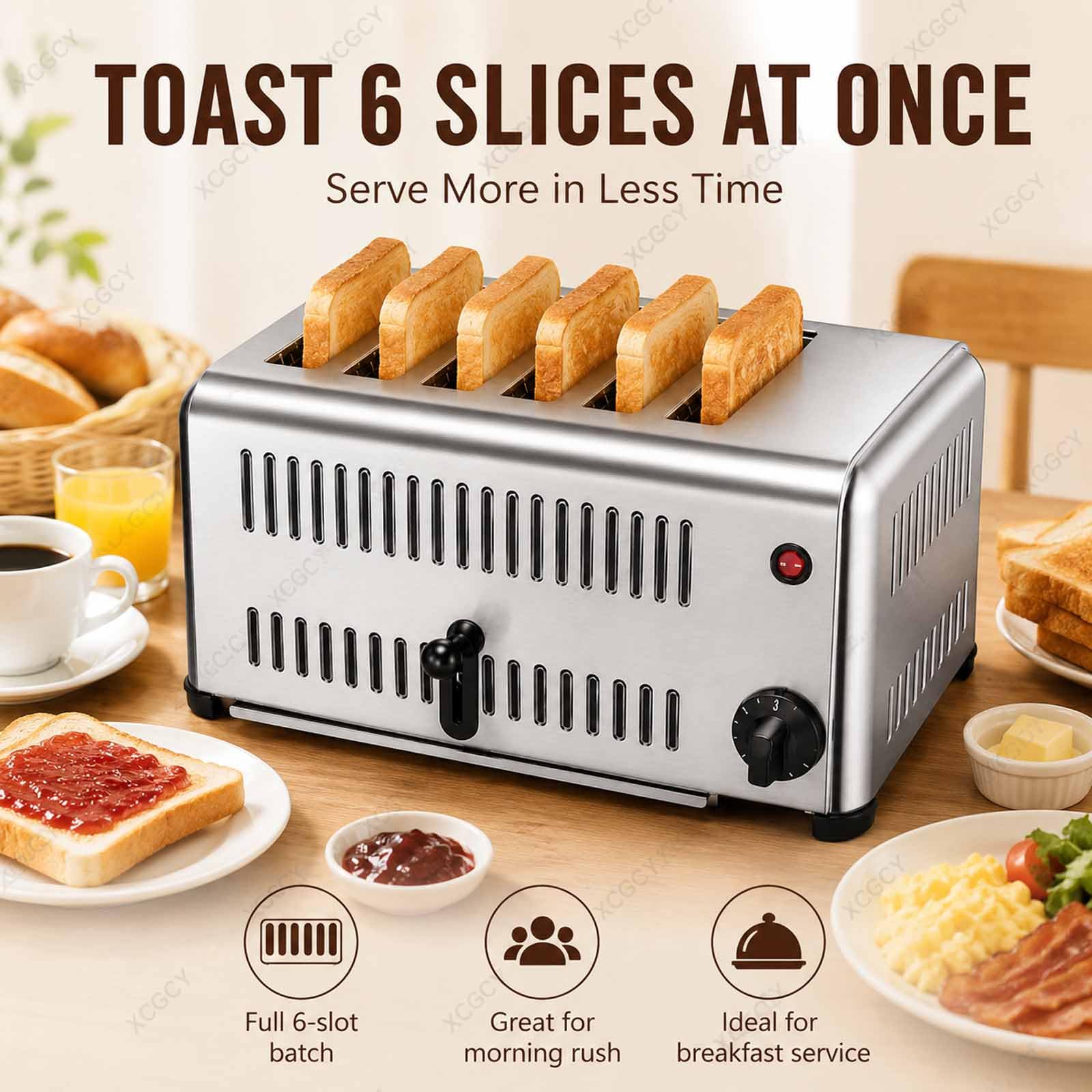 Tostadora De 6 Rebanadas, Máquina De Pan Comercial, Tostadora Comercial con Temporizador 1-5 Min, Acero Inoxidable De Mostrador, Ranuras Anchas para Restaurantes Y Panaderías Slot 2cm