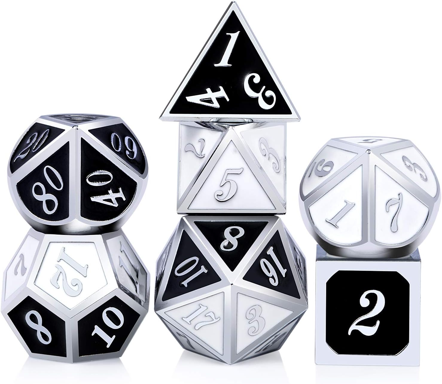 Double Colors Metal Dice Set D&D,DNDND Zinc Alloy Polyhedral Dice with Metal Tin for Dungeons and Dragons DND Roleplay Game and Table Games(Silver Number with Black and White Color)